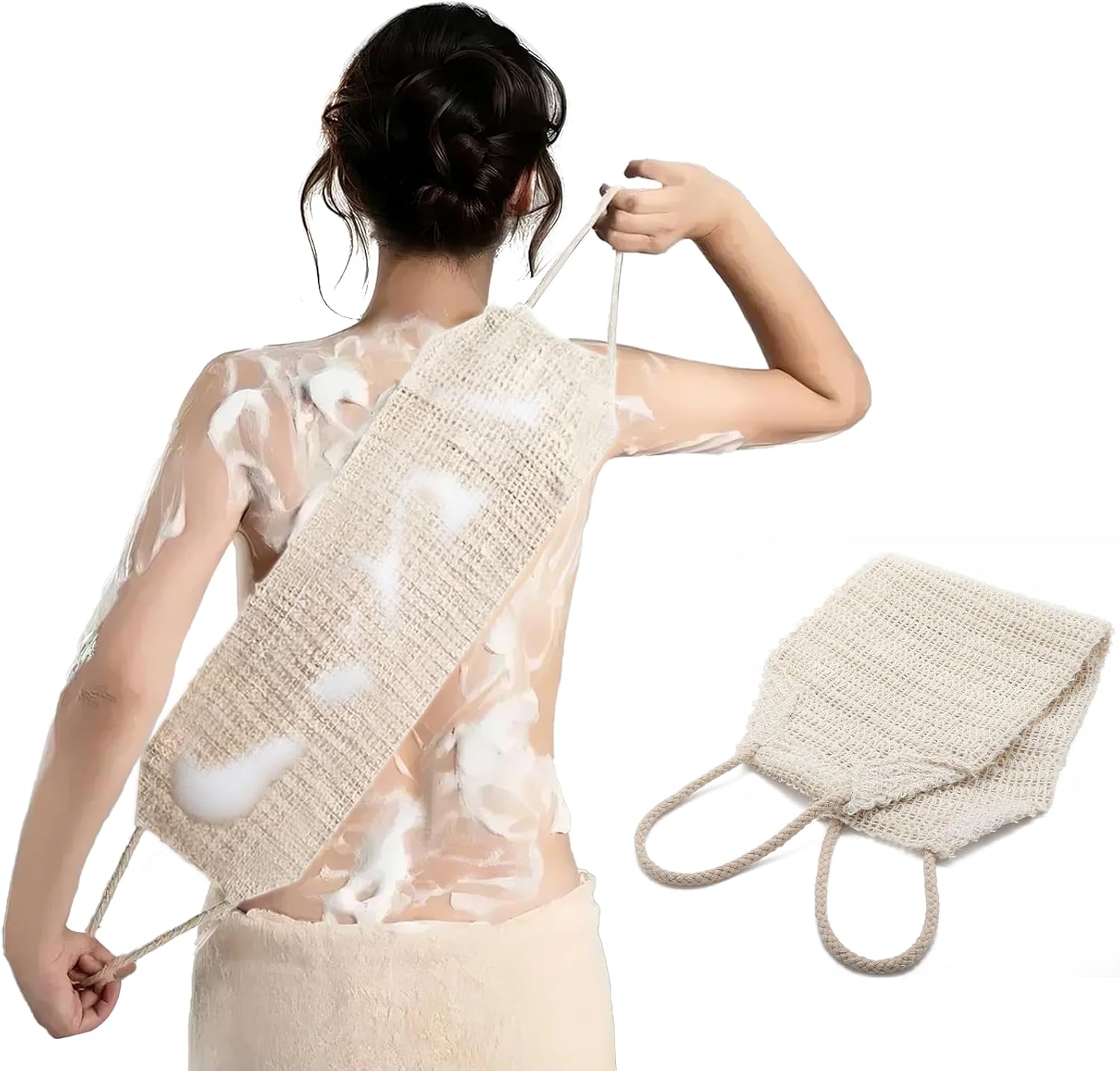 Natural Sisal & Ramie Exfoliating Back Scrubber for Shower with Handle – Deep Cleanse Back Scrubber, Scrub Spa Tool for Glowing Skin & Whole Body Care