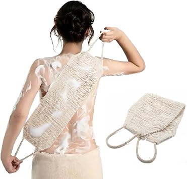 Natural Sisal & Ramie Exfoliating Back Scrubber for Shower with Handle - Deep Cleanse Back Scrubber, Scrub Spa Tool for Glowing Skin & Whole Body Care
