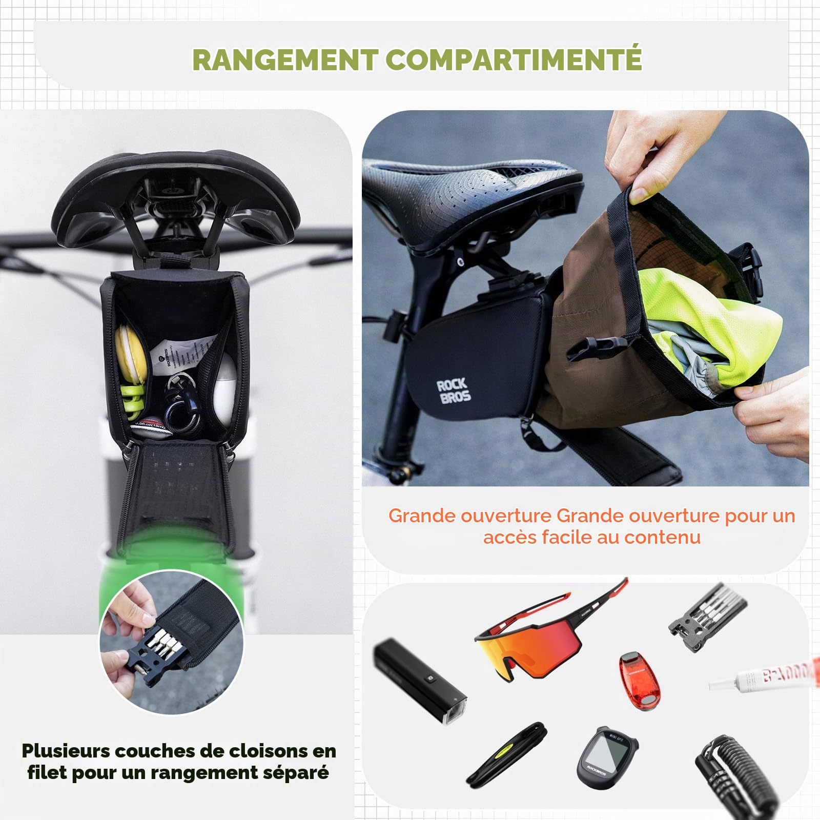 ROCKBROS Sacoche Selle Vélo 0,8-1,3L Séparation Interne Externe Extensible Sac Tige Siège VTT Arrière Étanche Réfléchissant Montage Rapide Feu Suspendable Stockage Compartimenté Vélo Route Pliant Vert