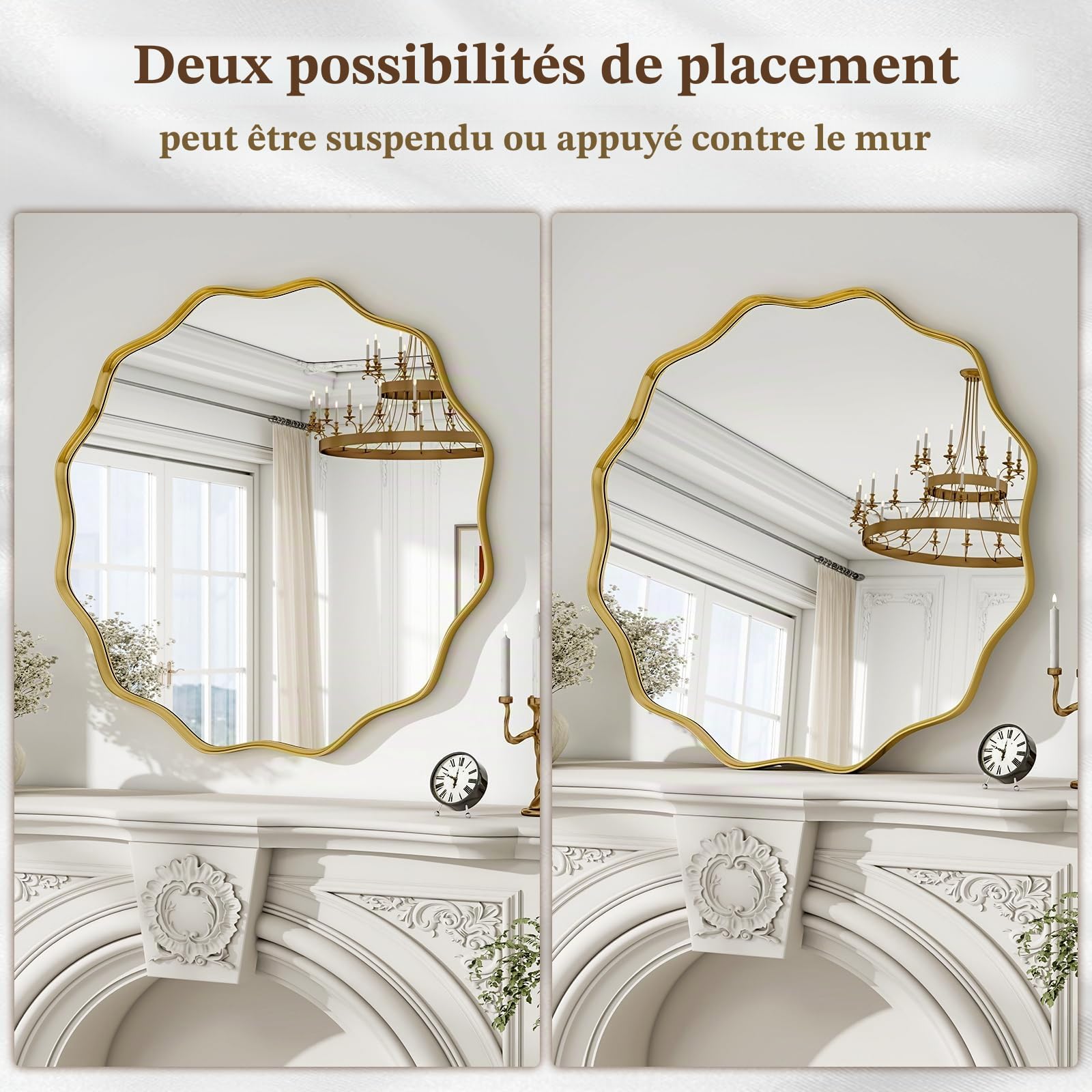 BEAUTYPEAK Miroir rond de 106 cm - Avec bord ondulé - Cadre en aluminium - Grand miroir rond à suspendre et à s'appuyer - Miroir mural rond pour chambre à coucher, salle de bain, couloir - Doré