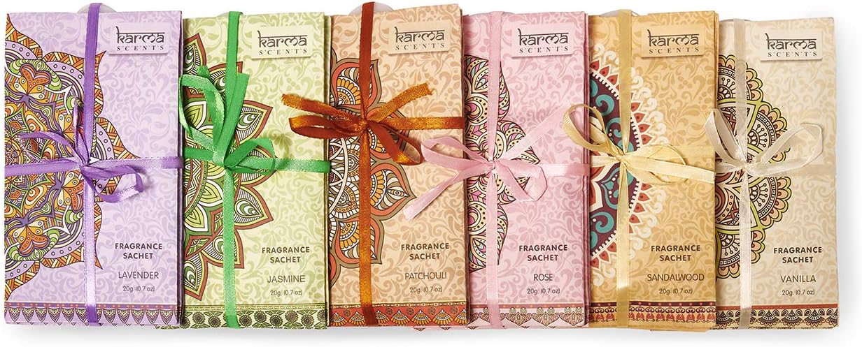 Karma Scents Premium Scented Sachets for Drawers, Closets and Cars, Lovely Fresh Fragrance, Lot of 18 Bags, Contains 6 Great Smelling Flavors,Vanilla,Sandalwood,Jasmine,Lavender,Patchouli,and Rose