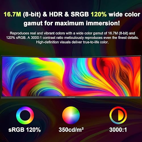 Miniatura 7 de Amzfast Monitor curvo de 49 pulgadas 120Hz DQHD 5120x1440p UltraWide Gaming Monitor, 120% sRGB, 1500R, 1ms MPRT, HDR10, sincronización adaptativa,