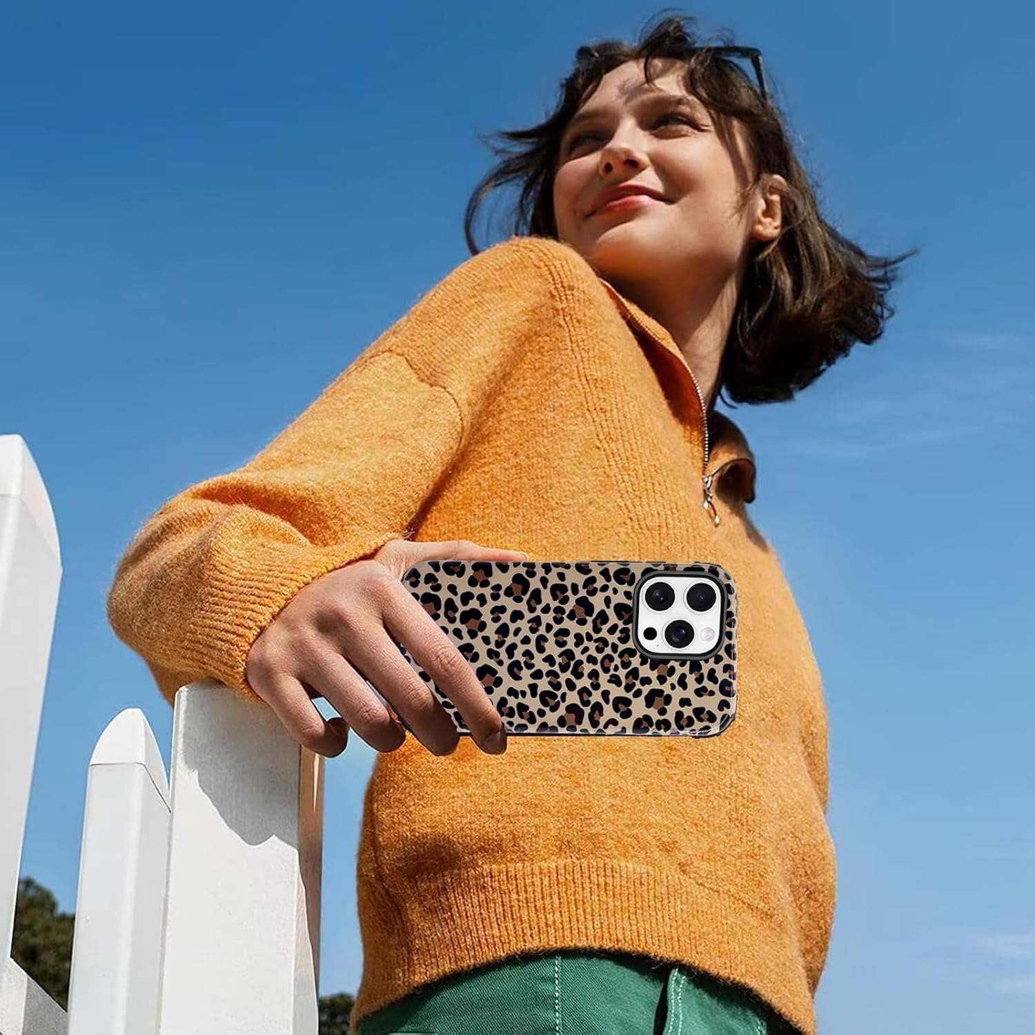 J.west Funda compatible con iPhone 14 Pro de 6.1 pulgadas con 2 protectores de pantalla de vidrio templado, lindo animal leopardo, funda híbrida para niñas y mujeres, fundas protectoras estéticas para