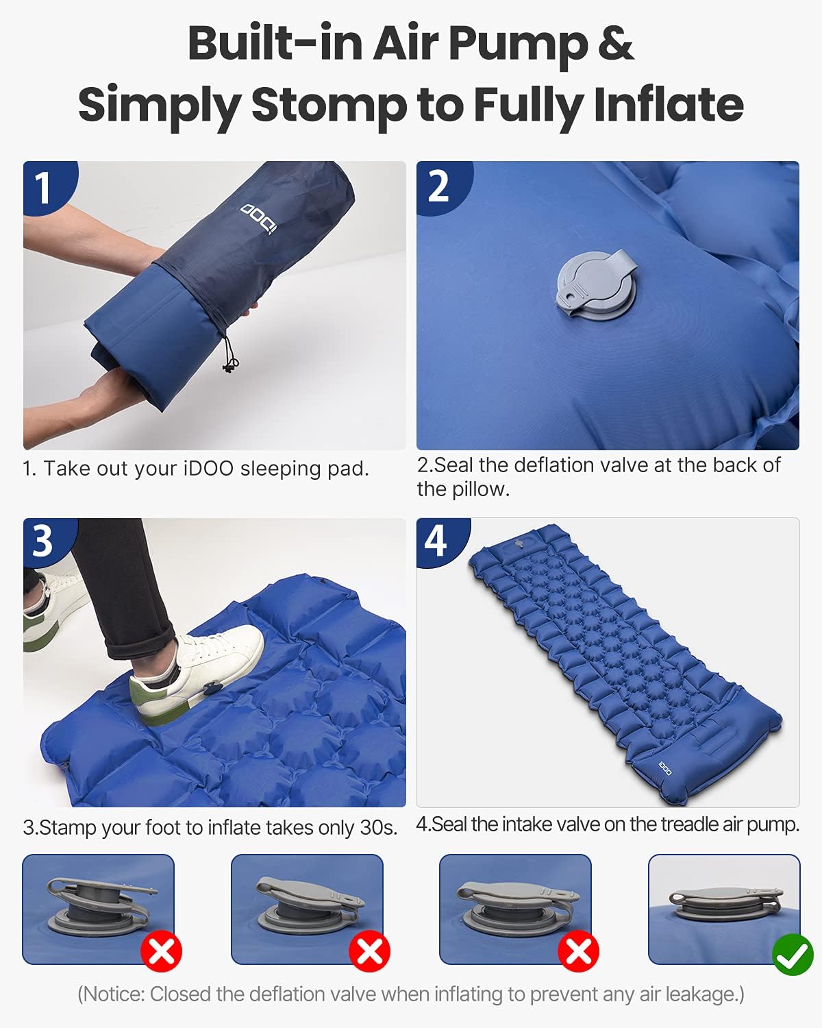 iDOO Sleeping Pad for Camping, Inflatable Camping Mattress with Foot Press and Pillow, Compact Lightweight Sleeping Mat Suit for Backpacking, Traveling, Camping, Waterproof, Form to Double-Bed Easily