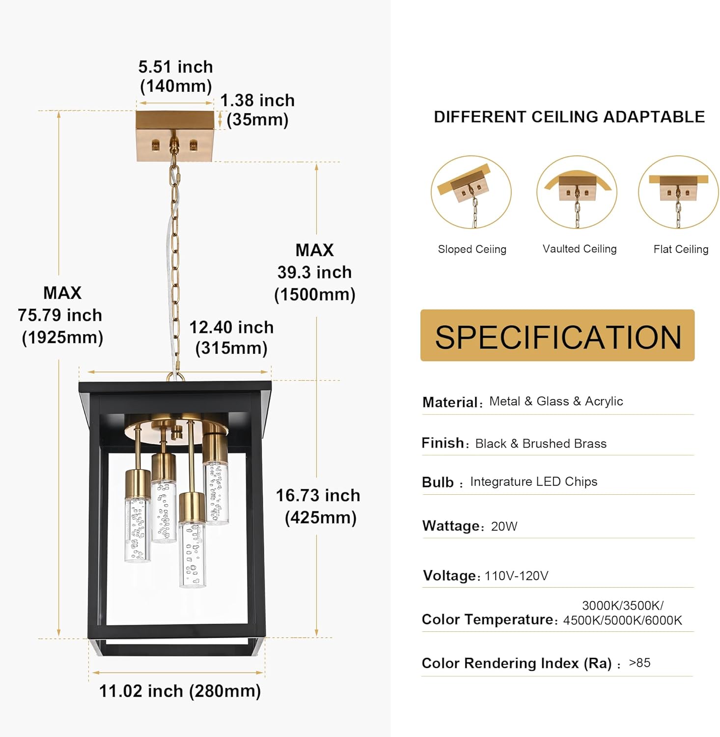 TODOLUZ LED 5CCT Large Outdoor Pendant Light Fixtures, Exterior Hanging Lantern LED Integrated Bulbs Included for Porch Patio Yard Garden, Outside Hanging Lamp in Black & Brushed Brass