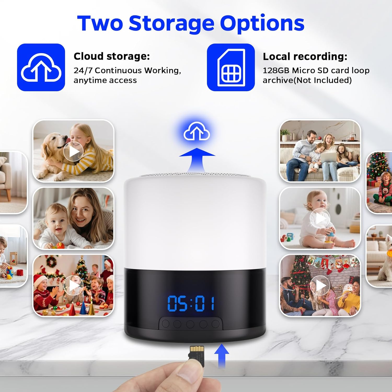 Security Camera Indoor for Home - Bluetooth Speaker - Homekit Camera - 1080P Clock Camera with 160°Rotating Viewing Angle - Night Light - AI Motion Detection (Black and White)