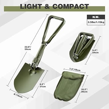 REDCAMP 23 Military Folding Camping Shovel w/Cover,Portable Shovel with High Manganese Steel, Tactical Entrenching Tool Tri-fold Handle Shovel for Camping Hiking Sand Mud Snow Beach, Green 2.5Lbs