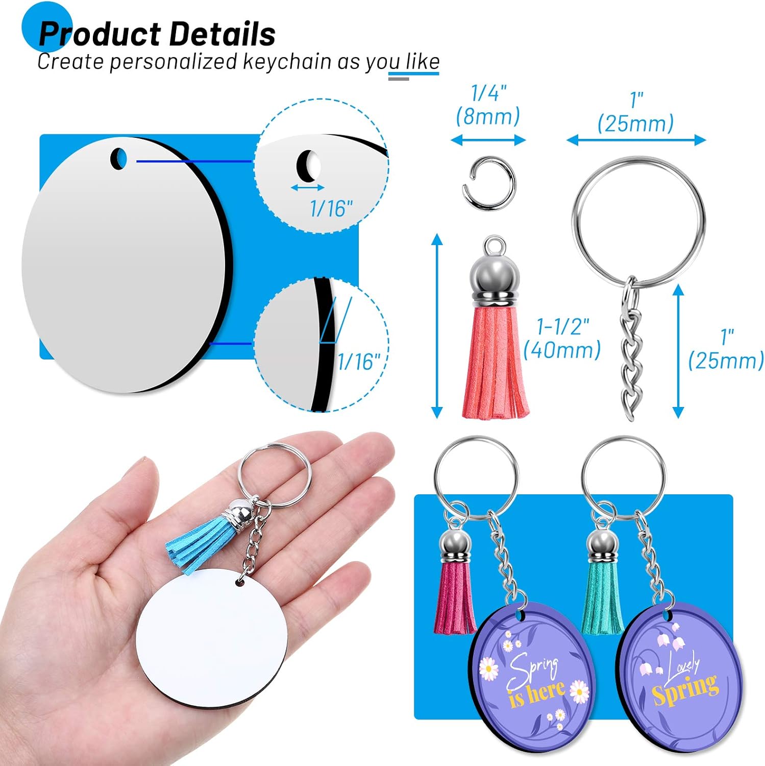 Sublimation Blanks Keychains Products, 80 PCS Keychains Tag Bulk with 2 Inch Heat Transfer Double-Side Round Coasters Blanks, Key Chains, Tassels, Jump Rings for Ornament Making DIY Art Craft Supplies - Image 3