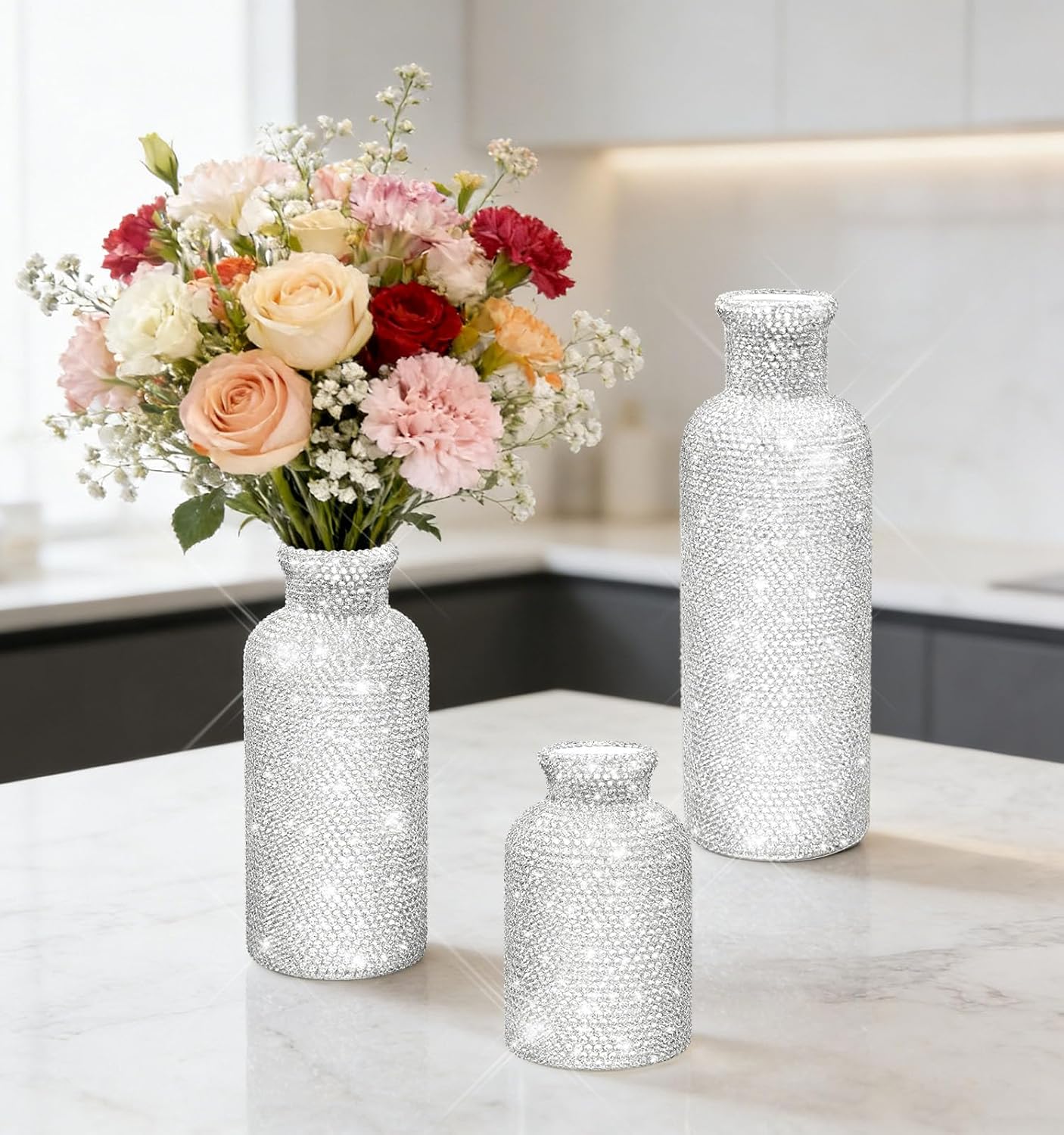 Ceramic Vases Set of 3, Bling Flower Vases Home Decor, Pottery Glitter Decorative Vases Modern Decor for Table Mantel Entryway Bookshelf Living Room Kitchen Bedroom