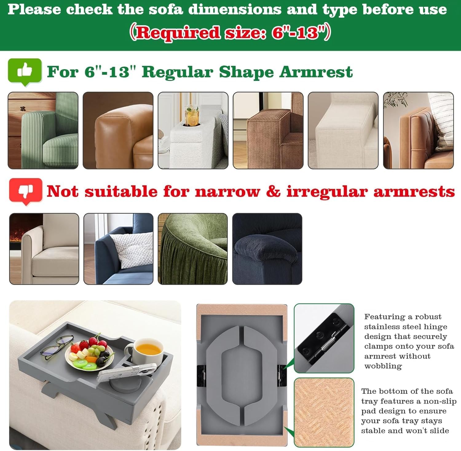 Couch Cup Holder, 4-in-1 Side Couch Arm Tray with Phone Holder, Sofa Clip on Side Table for Wide Couches Arm, Suitable for Home Drinks/Remote/Snacks-Grey