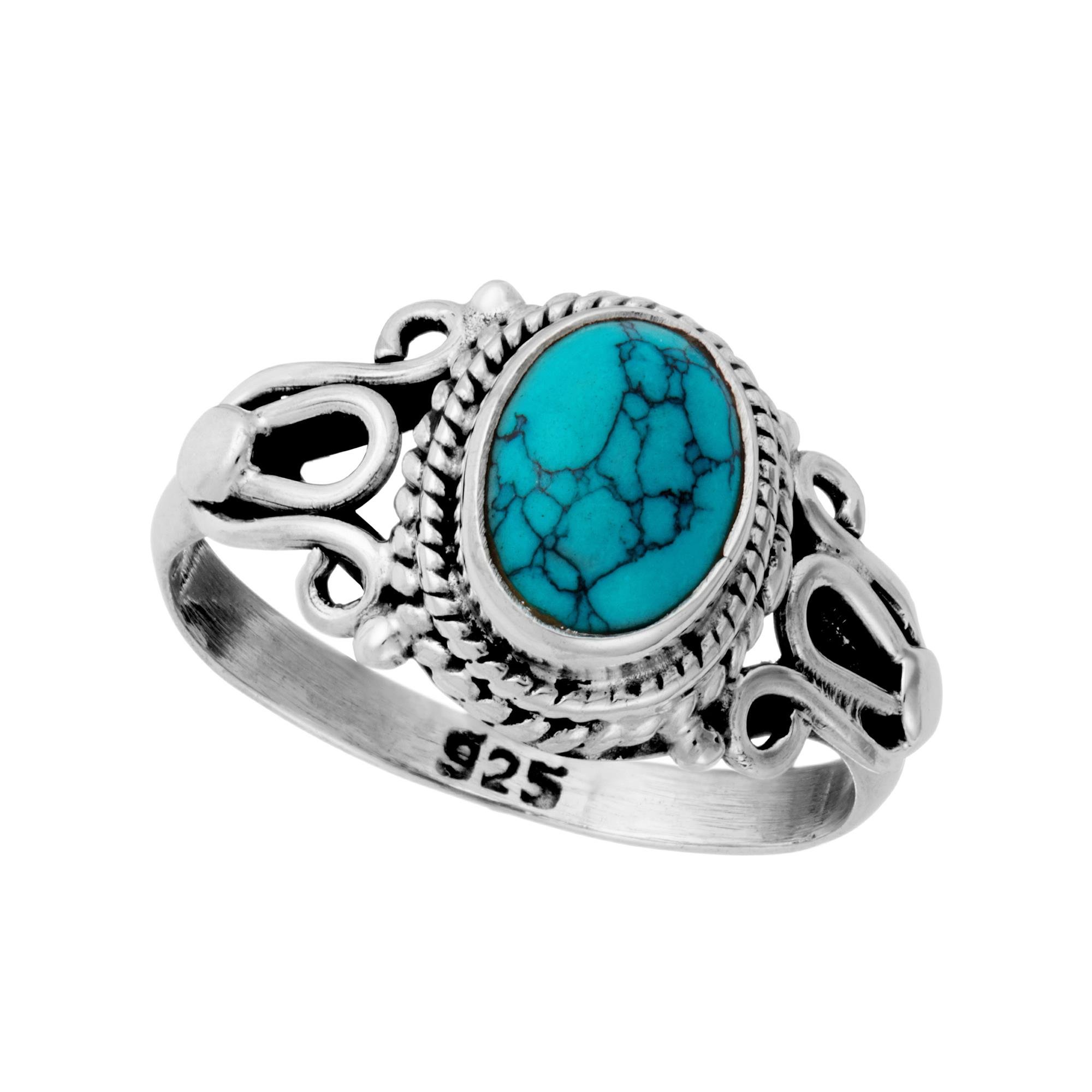 81stgeneration Anillo Filigrana Ovalada Turquesa Plata de Ley, Estilo Vintage | Anillo Solitario Indio Piedra Azul Verdosa Plata 925 | Joyas Piedras Preciosas Bohemias Ornamentadas Mujer |