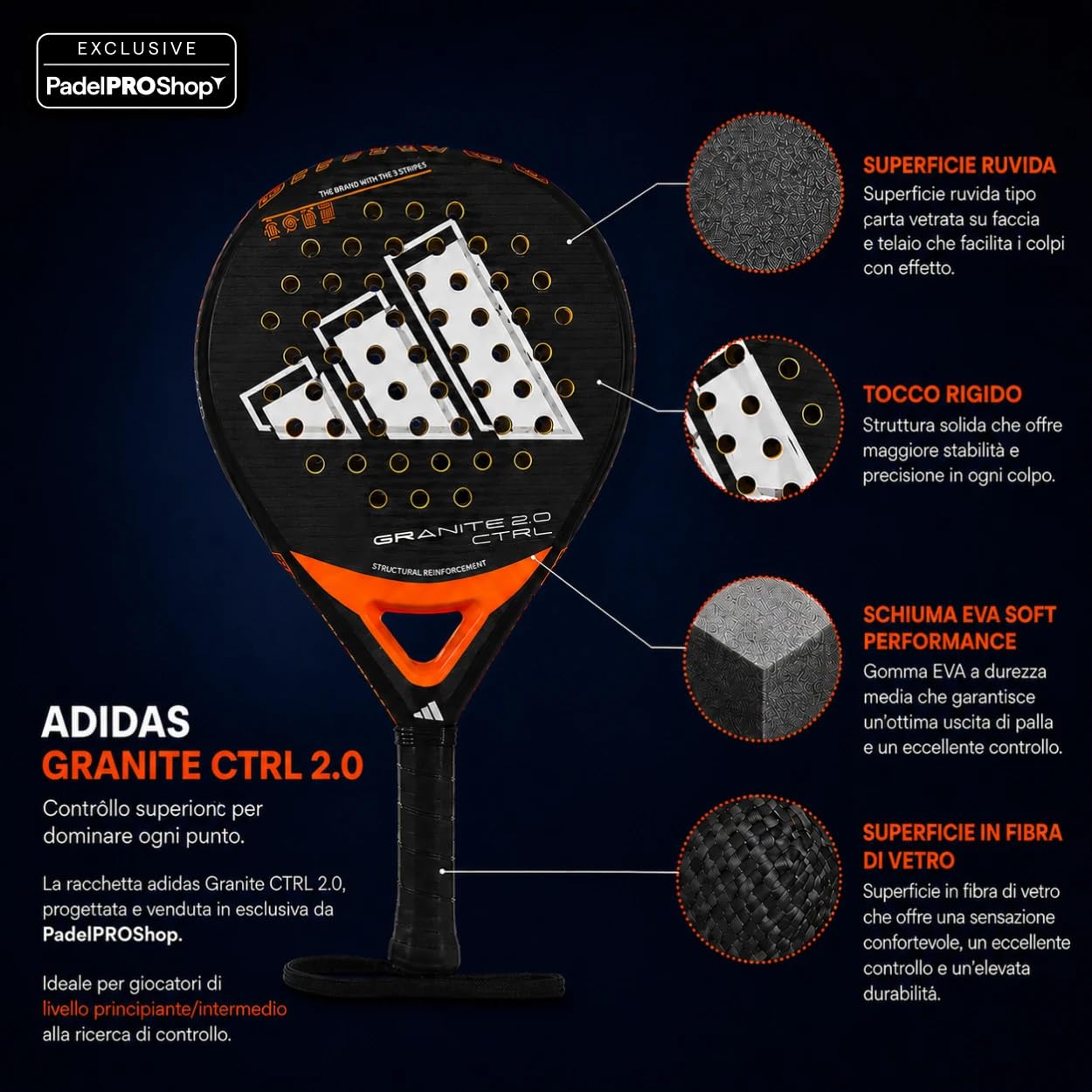 PadelPROShop - Racchetta da padel adidas Granite Ctrl 2.0 (esclusiva PadelPROShop) forma rotonda, nera, gomma EVA soft performance, fibra di vetro