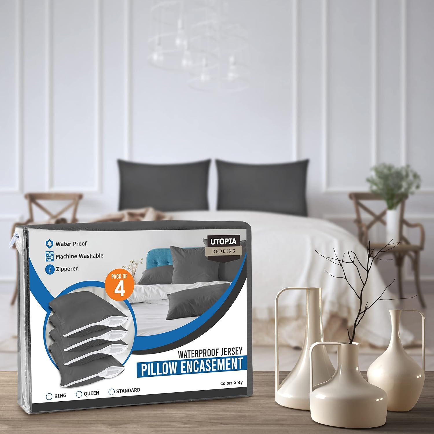 Utopia Bedding Waterproof Pillow Protector Zippered (4 Pack) Standard Grey– Bed Bug Proof Pillow Encasement 20 x 26 Inches