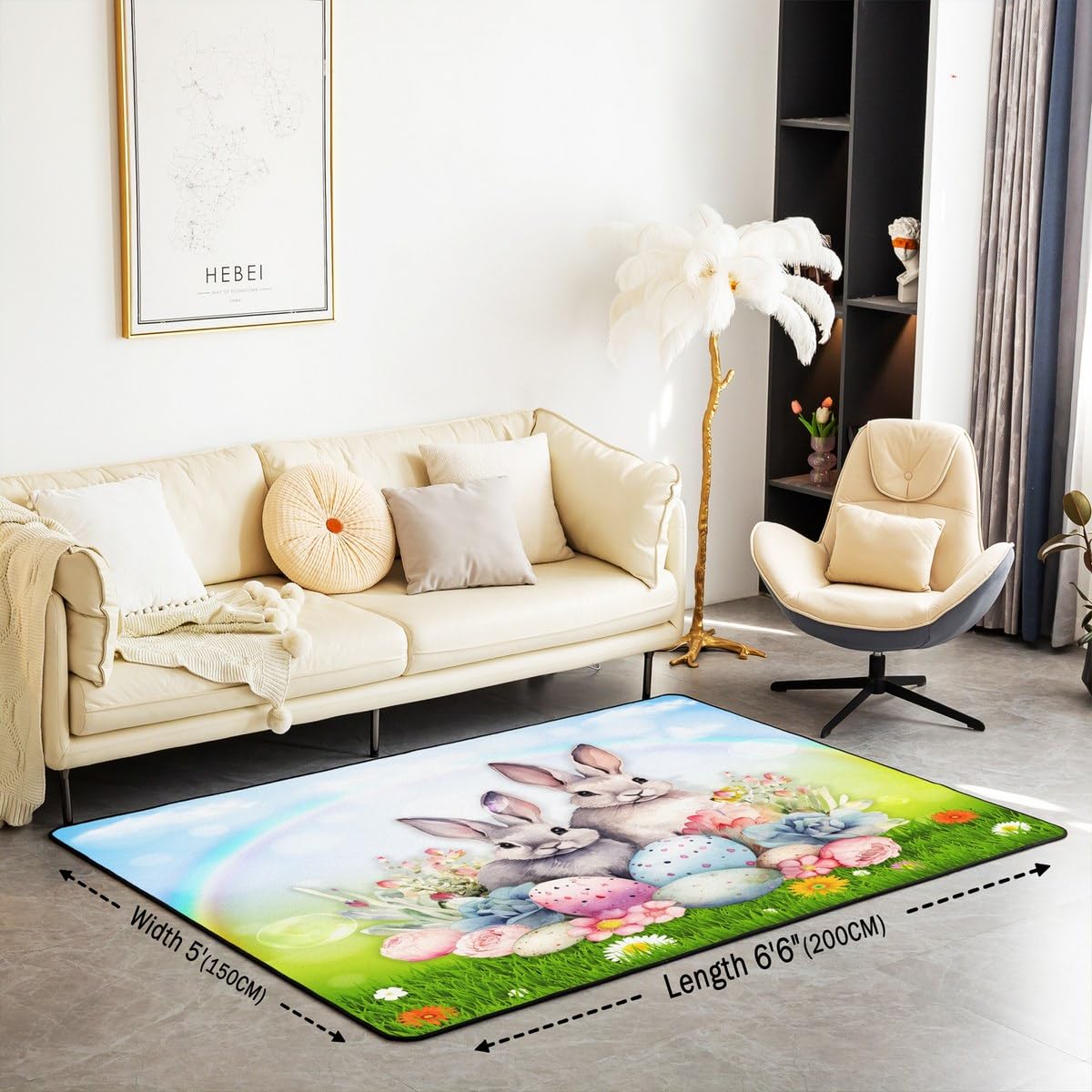 Homemissing Alfombra decorativa para niños y niñas, diseño de conejo con estampado botánico floral, huevos de Pascua, 150 x 200 cm, decoración de habitación
