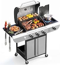Kismile 3-Burner Propane Gas Grill with Side Burner, 34,000 BTU, Iron & Stainless Steel Barbecue Grill, Porcelain-Enameled Cast Iron Grates, Outdoor Propane BBQ Grill for Patio Garden Cooking