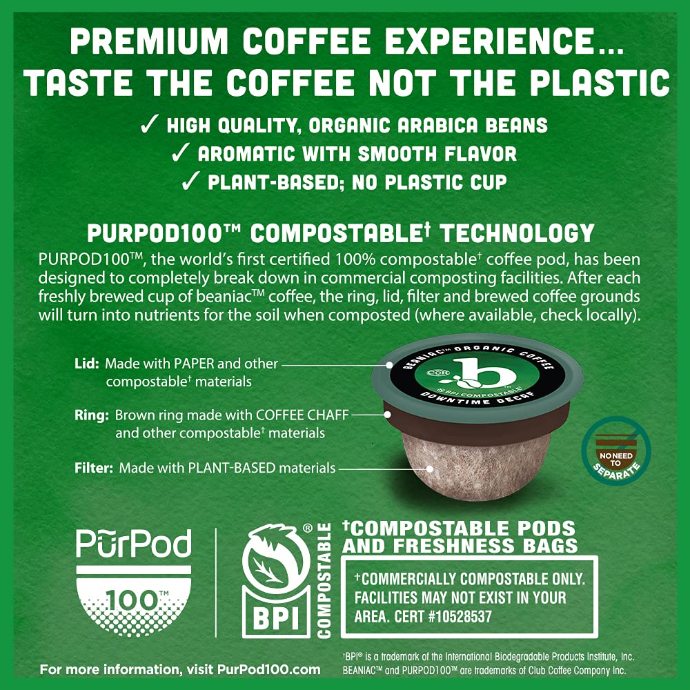 beaniac Organic Downtime Decaf Swiss Water Decaffeinated, Medium Roast, Single Serve Coffee K Cup Pods, Rainforest Alliance Certified Organic Arabica Coffee, 30 Compostable Coffee Pods, Keurig Brewer Compatible