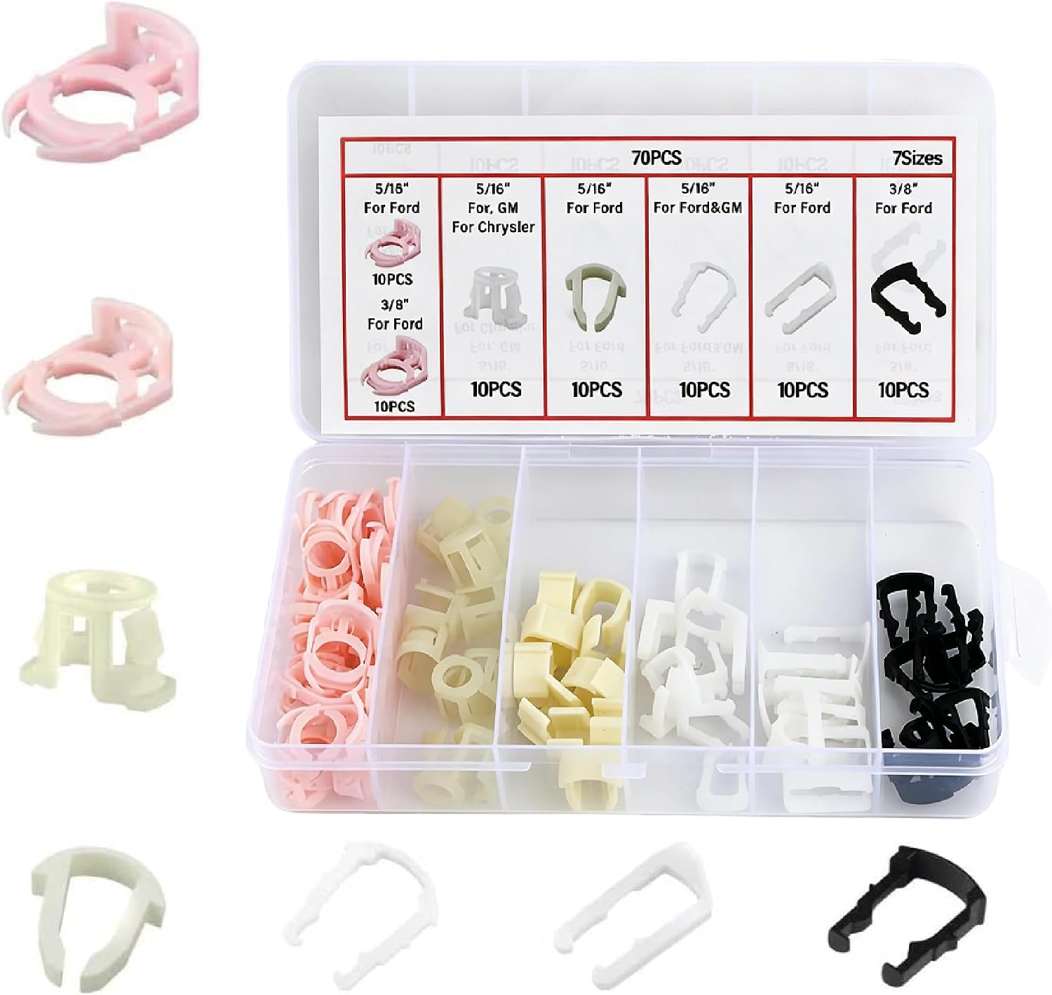 70PCS Car Fuel Line Clips Replaces OEM 93740718,Durable 3/8 & 5/16 Fuel Line Clamp Kit Includes 7 Types,Essential Car Fuels Hose Lines Retainer Clips Compatible with Ford Chrysler GM