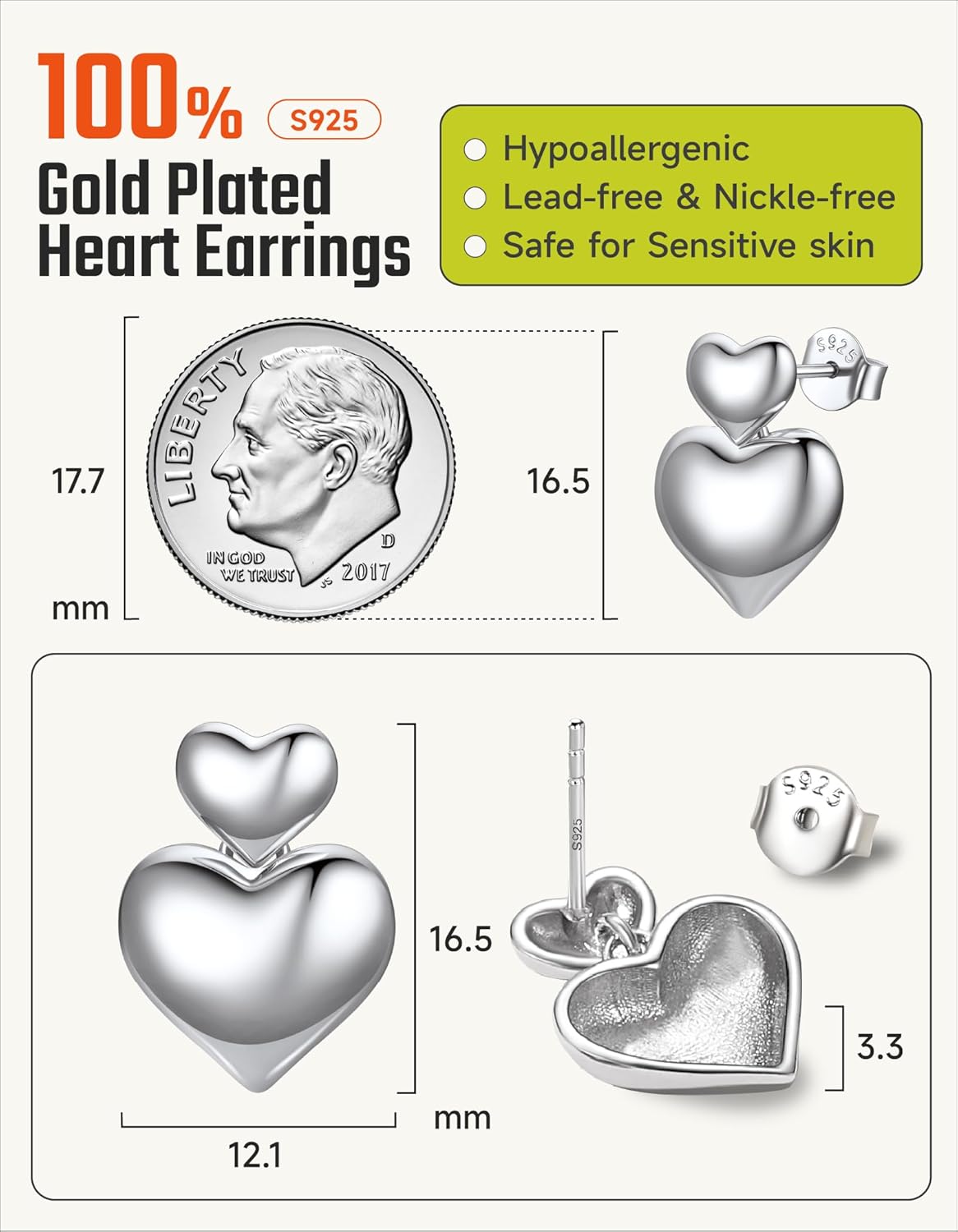 Silver Heart Earrings for Women|Double Heart Studs 925 Solid Sterling Silver Hypoallergenic Chunky Vintage Earrings Jewelry for Daily Birthday Anniversary Valentine's Day Gifts for Her Wife Girlfriend - Image 7