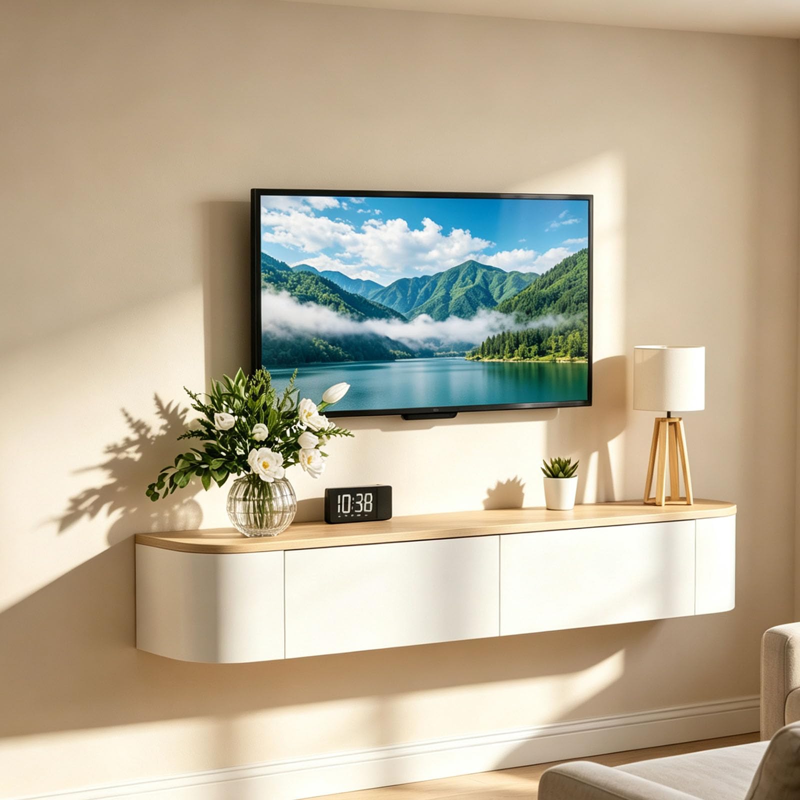 YLGJ&TIDY Floating TV Unit, Media Wall Unit White+Oak, 120CM/47.2''