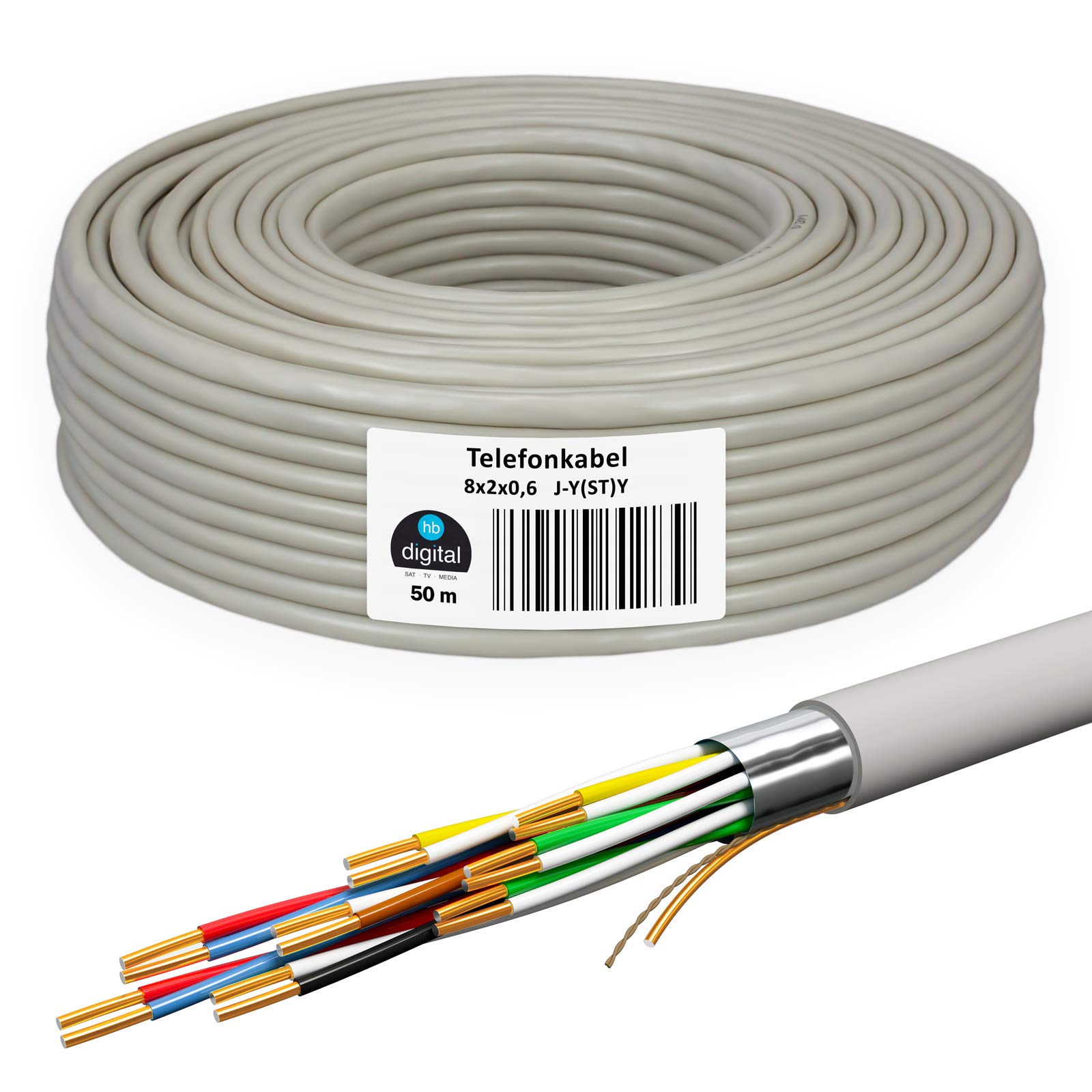 HB-DIGITAL - Cable telefónico (50 m, 8 x 2 x 0,6 J-Y(ST) Y, cable de instalación JYSTY 16 núcleos