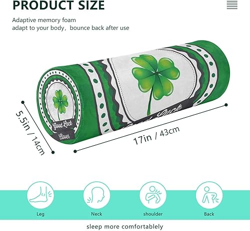 Miniatura 2 de JUNZAN Saint Patrick's Day Lucky Leaf Green Bolster Pillow Covers Therapedic Neck Roll Pillow Lumbar Round Pillow for Neck Support Cylinder Bolster