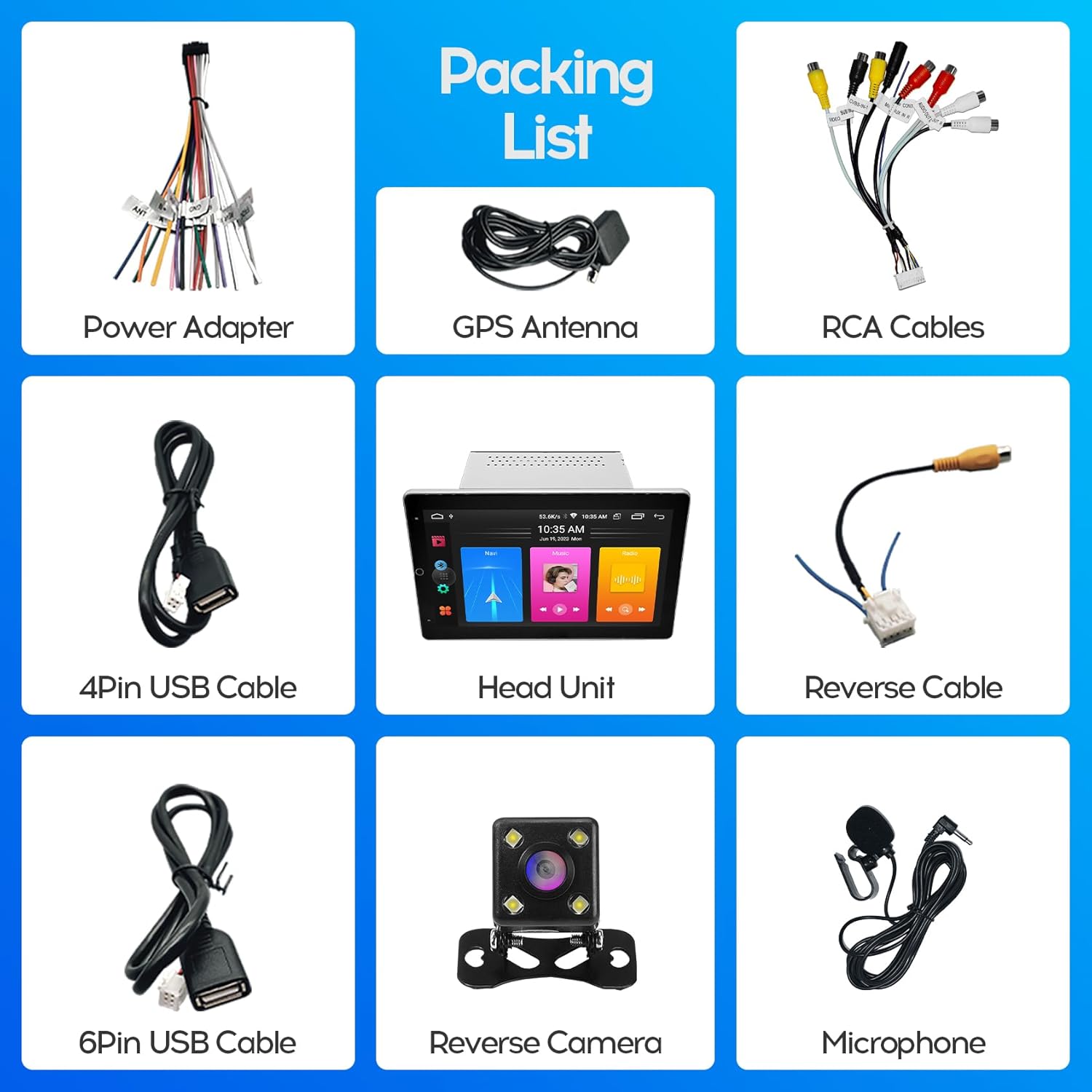 Packing list for WENMENGDE car radio showing various components.