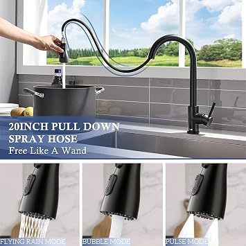 Black Kitchen Tap, Kitchen Mixer Taps with Pull Out Sprayer, 2 Modes Spray | Stainless Steel | Single Handle for Easy Control | Quick Installation
