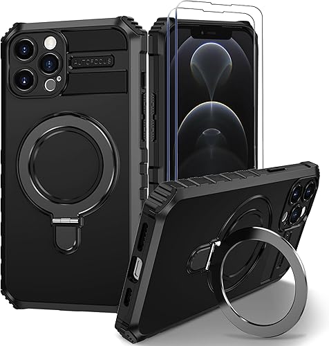Funda magnética para iPhone 12 Pro compatible con MagSafe con 2 protectores de pantalla de vidrio templado con soporte de anillo, grado militar
