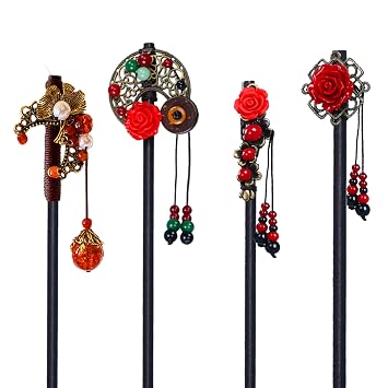 Retro Flower Hairpins Japanese Floral Hair Sticks Hair Pins for Women 4 PCS Chinese Hair Sticks Retro Hairpins Japanese Hair Chopsticks Flower Hair Accessories for Women Long Hair