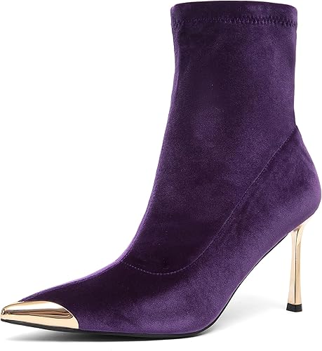 NEWBELLA Women's Ankle Boots Pointed Toe Stiletto Heel Metal Cap Toe Booties for