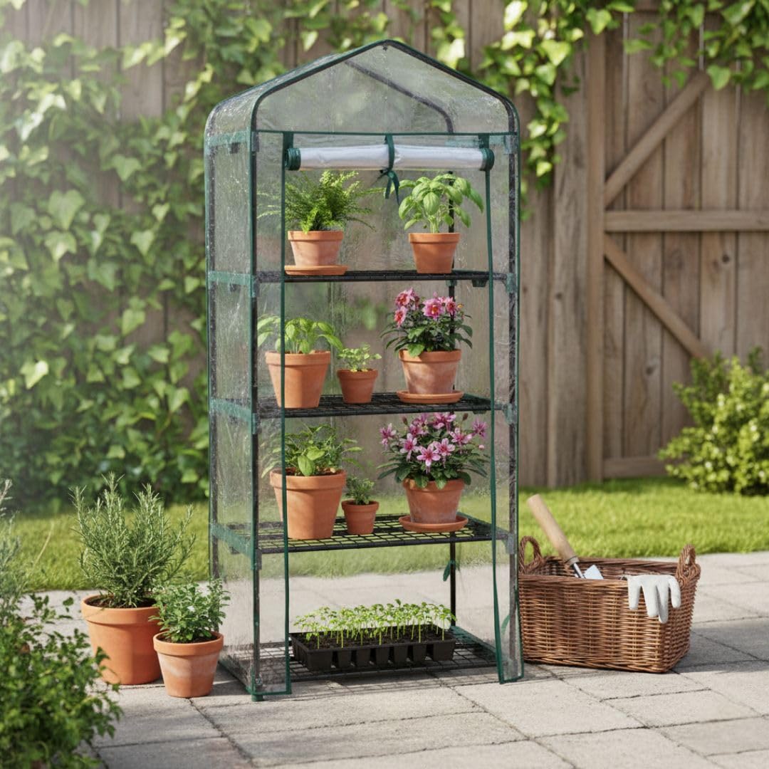 Invernadero Portátil 69x49x160 cm con 4 Baldas – Estructura de Acero y Cubierta de PE o PVC – Disponible en Verde, Blanco y Transparente – Ideal para Terrazas, Jardines y Balcones (Transparente)