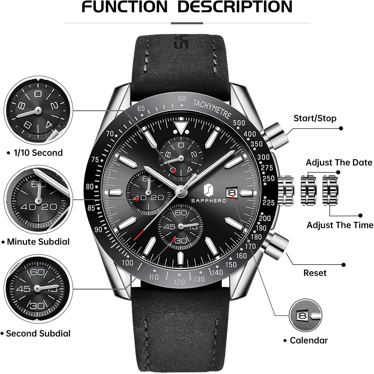 BENYAR Watches for Men Chronograph Analog Quartz Waterproof Men's Wrist Watches Work Casual Sport Classic Big Face Leather Dress Designer Watch Elegant Gifts for Men - Image 5