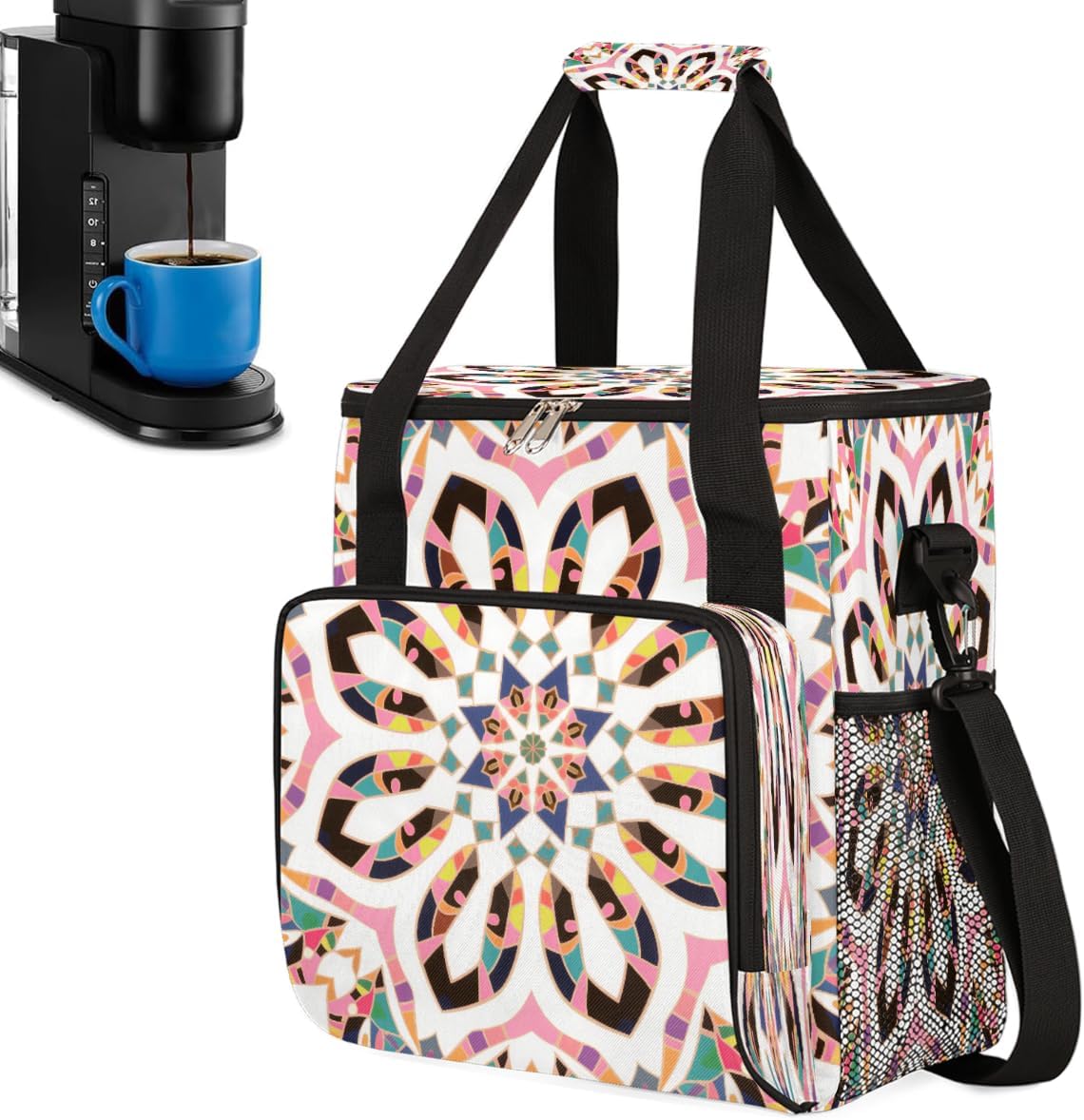 Colorful Mandala Portable Coffee Maker Carrying Bag Compatible with Keurig K-Mini or K-Mini Plus - Travel Storage Tote with K-Cup Pod Pockets for Single Serve Coffee Brewer