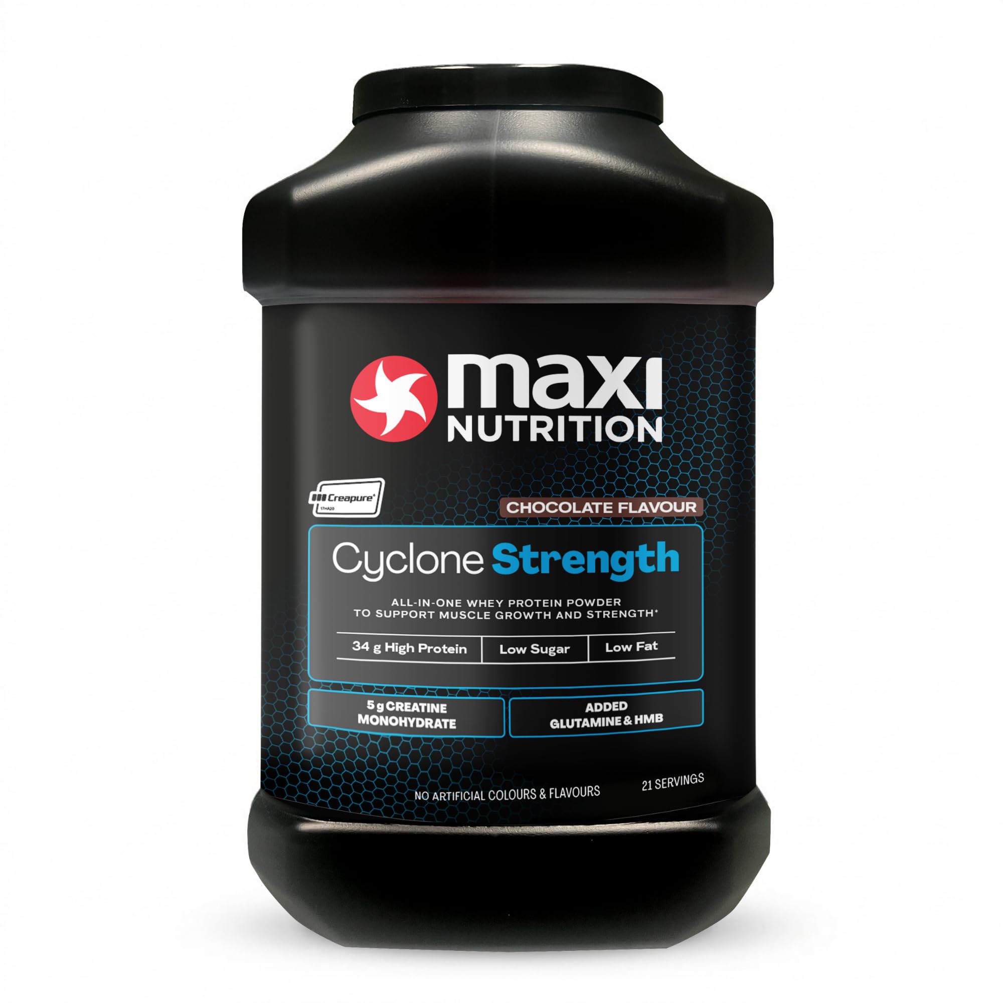 MaxiNutrition - Cyclone, Chocolate - Premium Whey Protein Powder with Added Creatine – Low in Sugar and Fat, Vegetarian-Friendly - 31g Protein, 1.26kg. NO Artificial Colours OR Flavours