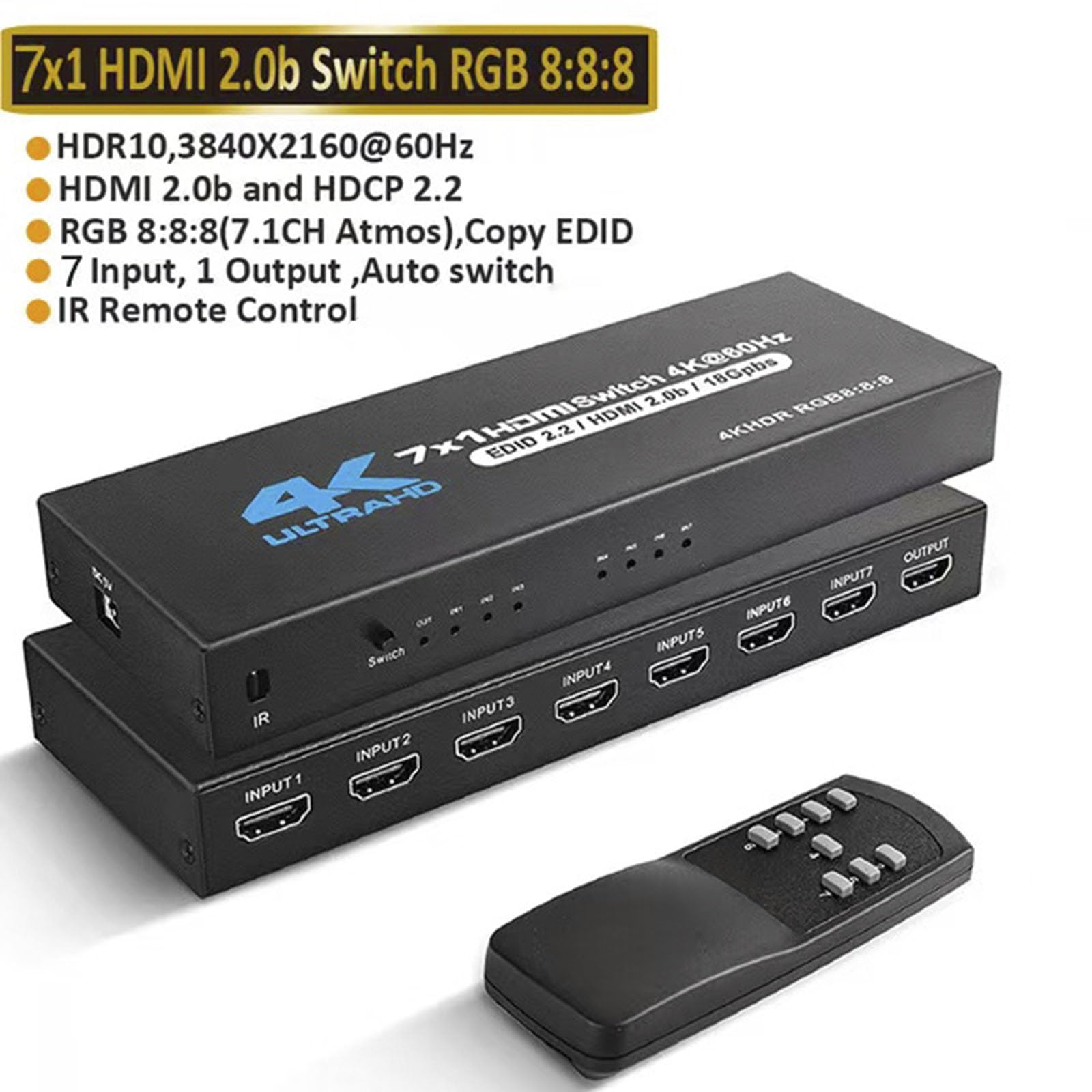 Conmutador HDMI 7 × 1 4K @60Hz 7 canales HDMI sin costuras 7 en 1 salida 【Con 1 mando a distancia IR + 1 cable de alimentación】Compatible con tecla de panel de conmutación automática HDMI2.0