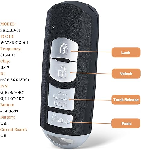 Miniatura 2 de Keyecu Reemplazo de llavero inteligente de entrada sin llave de tablero OEM para Mazda 3 y 6 MX-5 Miata 2014-2019 4 botones (FCC ID WAZSKE13D01, PN