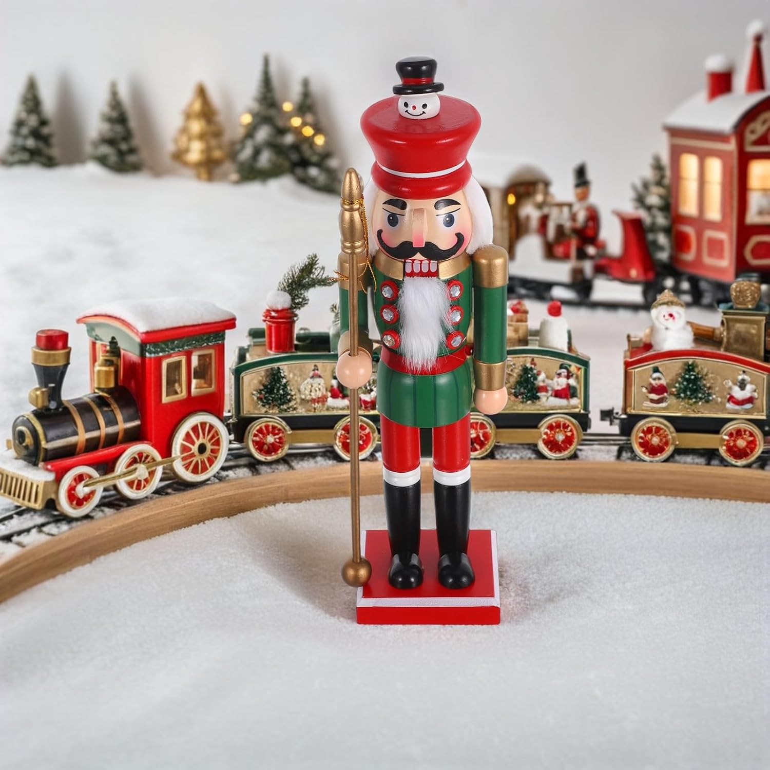 LOGOFUN Wooden Nutcracker Soldier Figurine Christmas Ornament Traditional Statue Puppet for Fireplace Tabletop Holiday Decor - Red Green