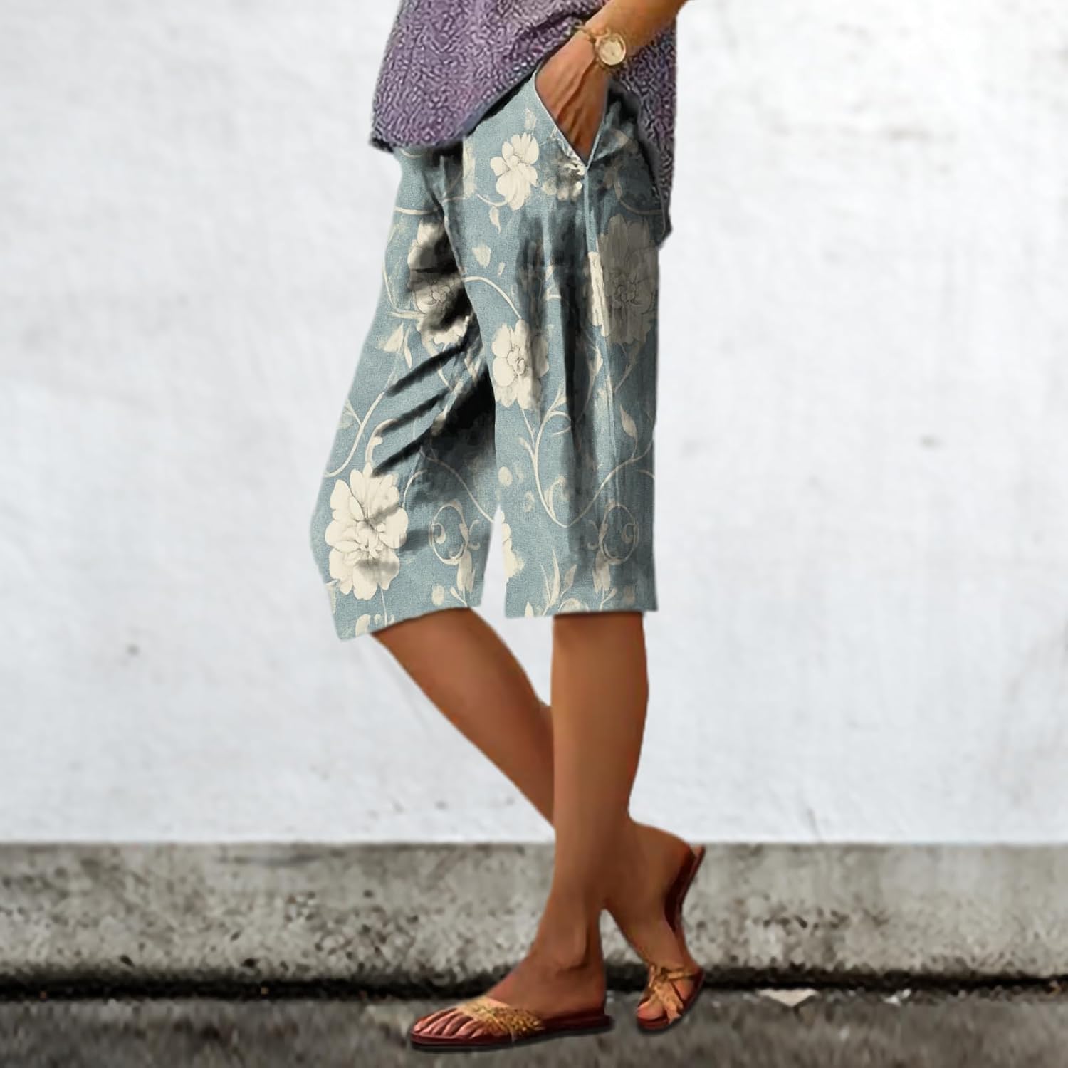 domirica Summer Pants for Women Dressy Casual Elastic Waist Wide Leg Trousers Lightweight Hawaii Boho Beach Flowy Capri Pants