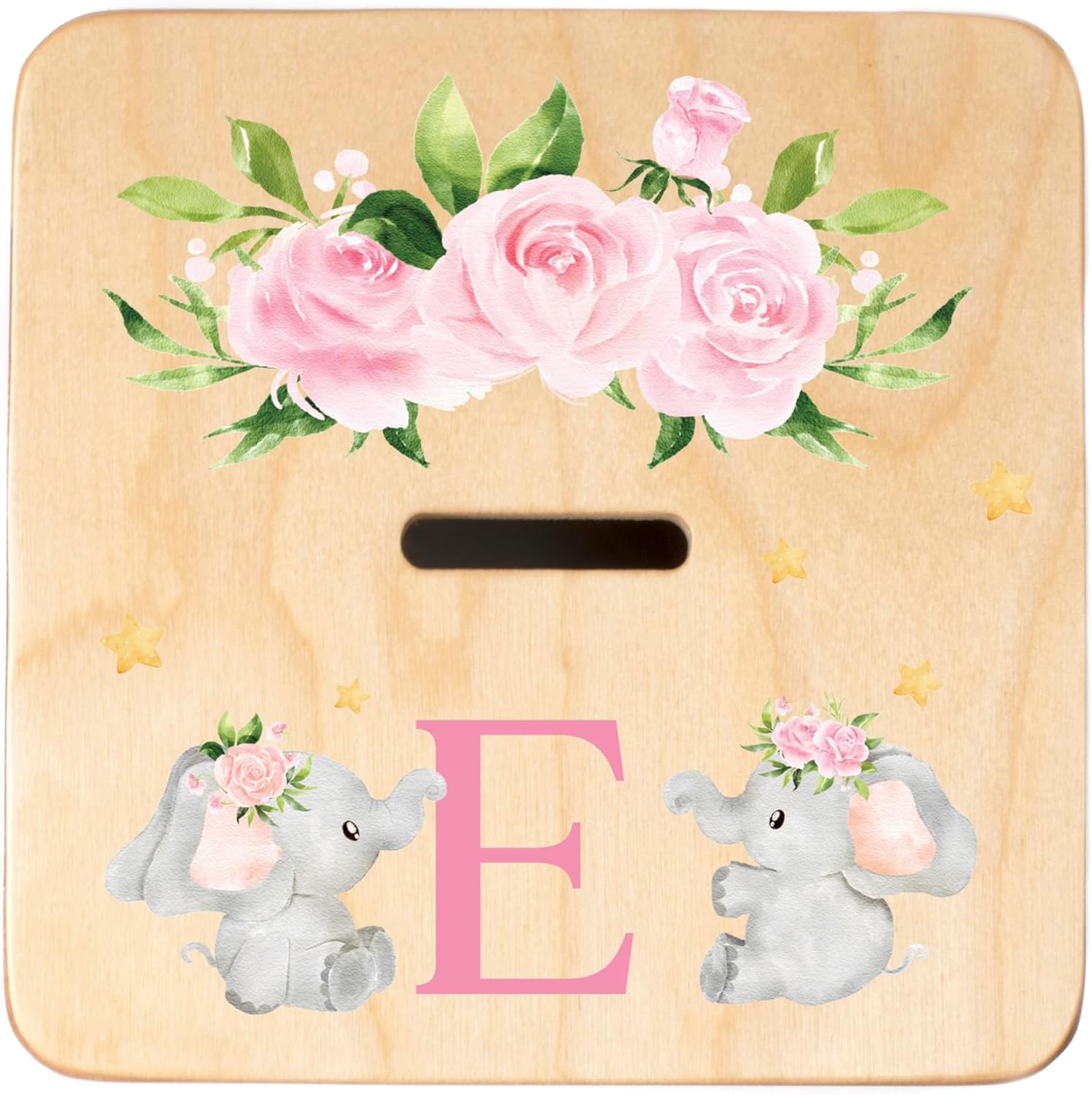 Wooden Piggy Bank for Kids and Adults, Personalized Gift Handmade in USA by BloomOwl, Custom Coin Bank for Boys and Girls (Floral Elephant)