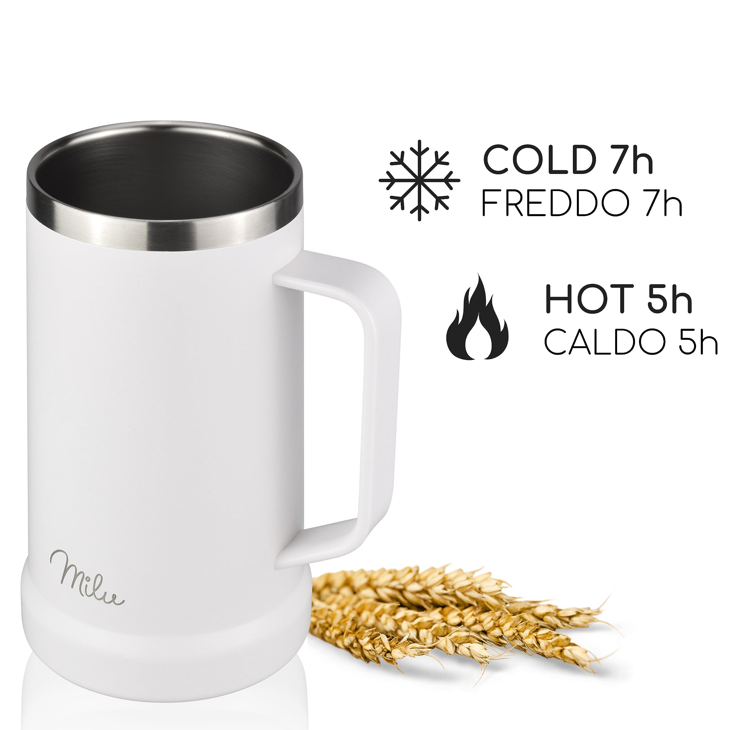 Milu boccale da birra in acciaio inox isolato | bicchiere da birra con coperchio rimovibile | boccale termico che mantiene il freddo | regalo per uomini (700ml, Bianco)