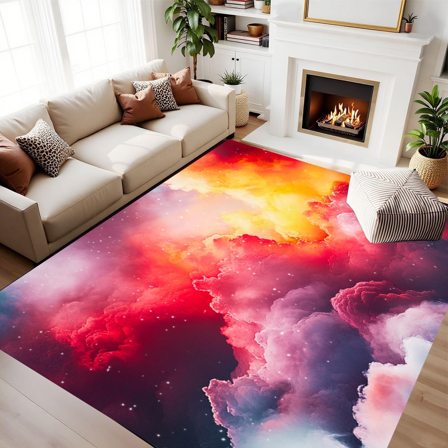 RICAUOU Colourful Cloud Area Rug, 80x150cm Pink and Orange Nebula Carpet, 3D Fantasy Galaxy Space Carpet, Dreamy Starry Sky Floor Mat for Girls Bedroom Nursery Playroom Decor, Non-Slip Rugs