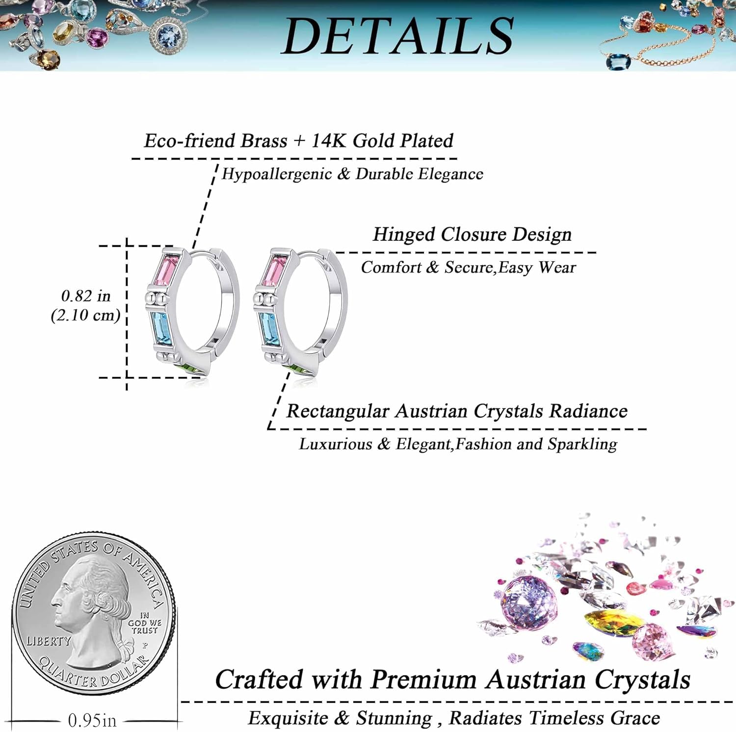 Austrian Crystal Baguette Hoop Earrings for Women 14K White Gold Plated Hypoallergenic Huggie Earrings Trendy Jewelry Gift - Image 5