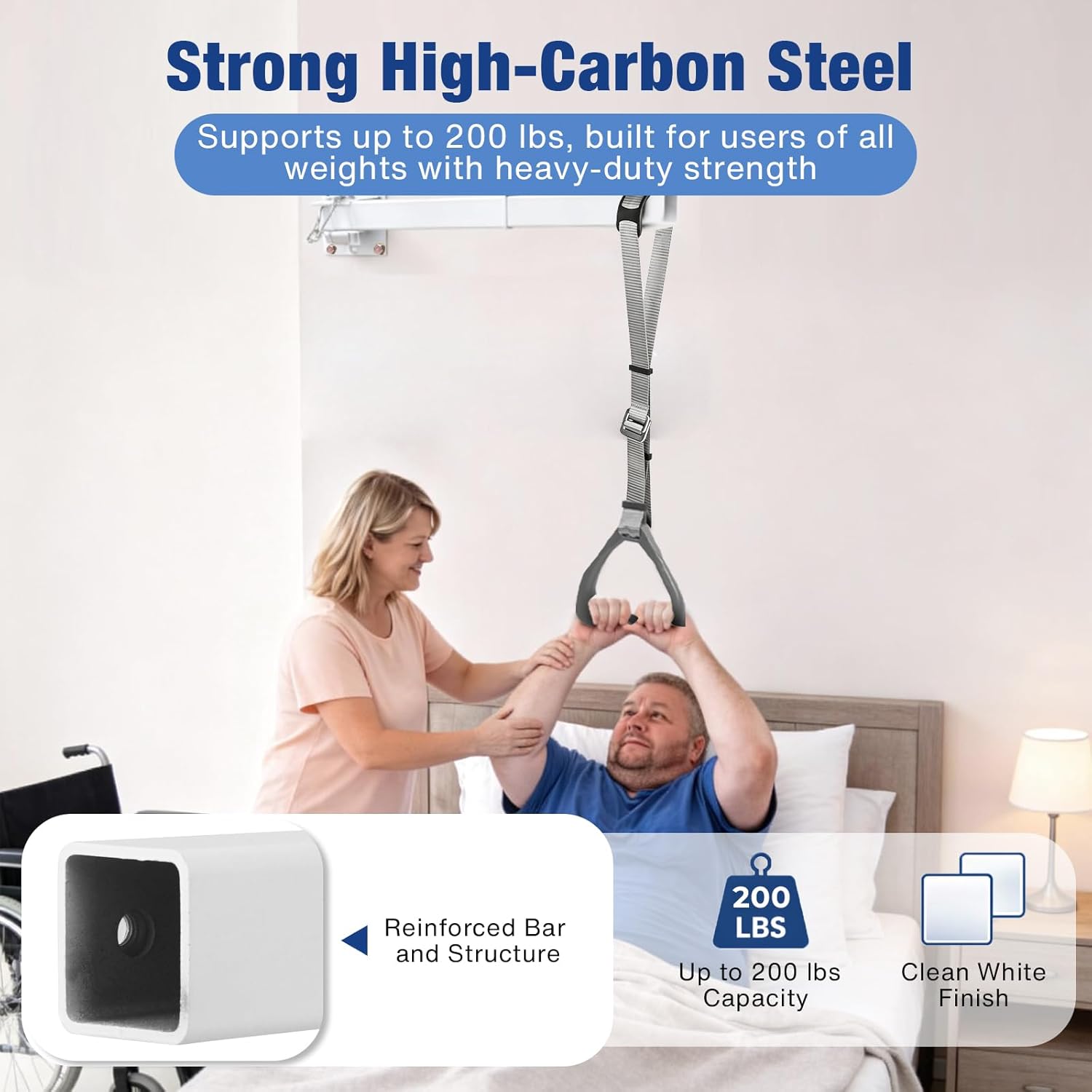 Huazu Trap/eze Bar for Bed Mobility, Wall-Mounted Bedside Pull-Up Assist with 5 Locking Angles, 200 lb Weight Capacity Support Handle for Bed Mobility, Sitting Up, Turning, HMBT-01