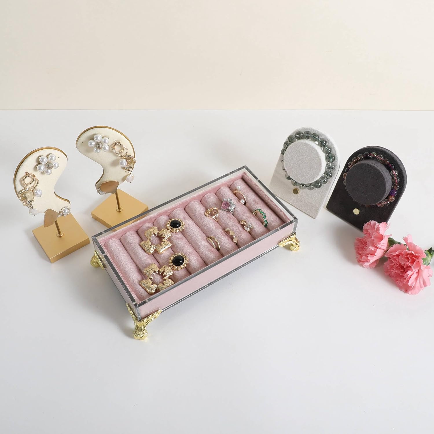 GemeShou velvet slots Ring holder for jewelry organizer, Earring ring display stand for selling, felt ring jewelry holder tray showcase【Velvet slots Ring Holder-Pink】