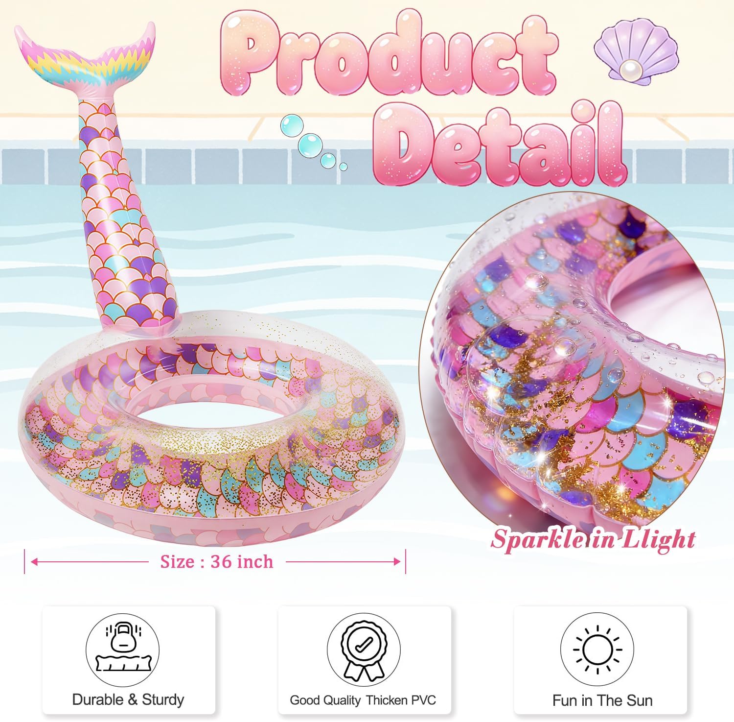 Ginkago Pool Floats Inflatable Swimming Rings Mermaid Tail Tubes Glitters Water Party Summer Beach for Kids and Adults