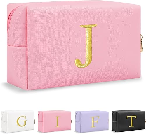 Miniatura 23 de Bolsa de Maquillaje con Inicial de Regalo Personalizado, Bolsa de Cosméticos Preppy con Letra Bordada Dorada, Rellenos de Calcetín para Chicas Blanco