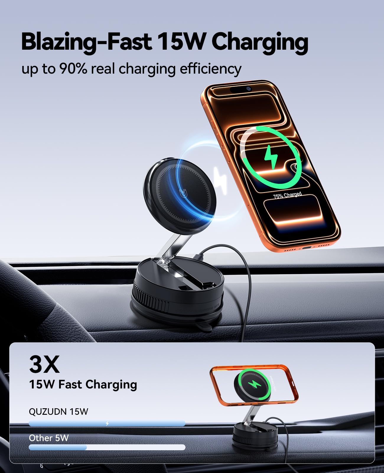 QUZUDN Cargador de coche para iPhone 17-12, soporte de teléfono de carga inalámbrica rápida de 15 W, succión fuerte de 120 libras y magnético de 2800 gf, soporte de cargador de coche giratorio de 360°
