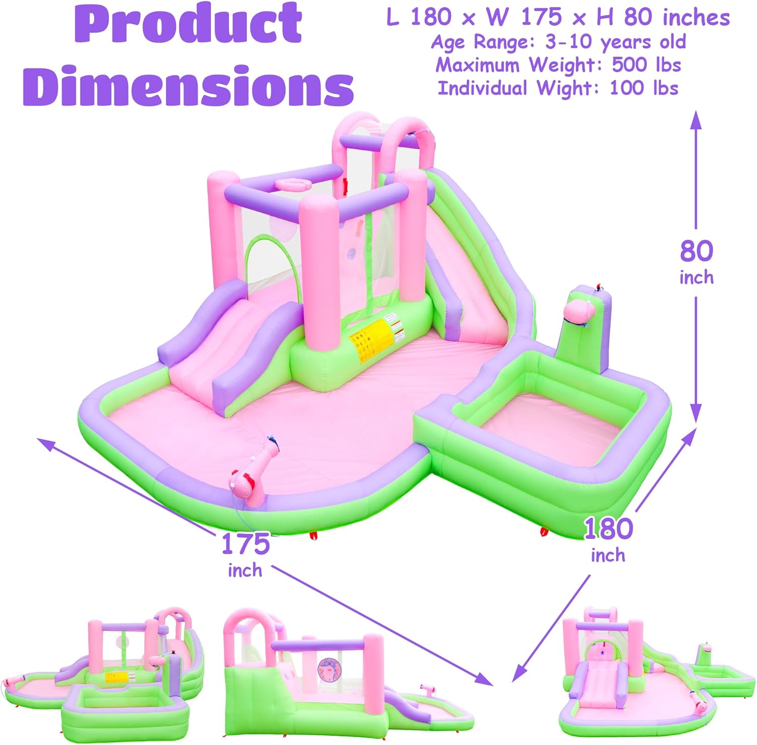 Inflatable Water Slide, Bounce House with Blower for 5 Kids, 180 x 175 x 80 inches, Blow Up Water Park with Splash Pools, Water Cannon, Bouncy Castle for Backyard Summer