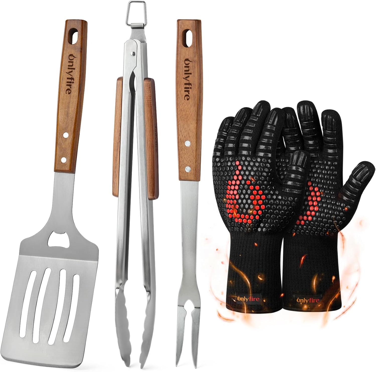 onlyfire 4 Piece Barbecue Tool Set, Perforated Plate Spatula, Kitchen Tongs, Grill Fork and BBQ Gloves, Professional Outdoor Grill Tools onlyfire 4 Piece Barbecue Tool Set, Perforated Plate Spatula, Kitchen Tongs, Grill Fork and BBQ Gloves, Professional Outdoor Grill Tools