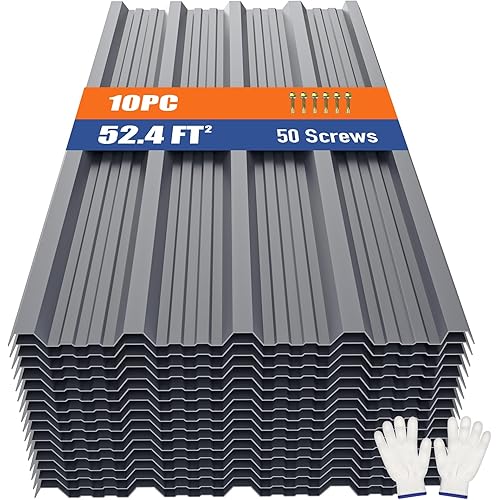 Metal Roofing Panels 10pcs 52.4 ft², Grey Corrugated Galvanized Steel Roof Panels with Screw, Heavy Duty Metal Siding Suitable for Garages Chicken Coop Sheds Stables Patio